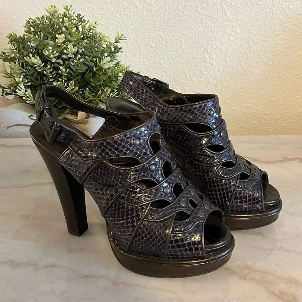 Bottega Veneta Purple Python Embossed Leather Studded Platform Sandals 37 US 7